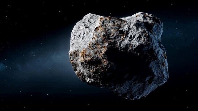 Detailed asteroid floating in deep space with cratered rocky surface, astronomy science and near-Earth object research concept asteroid, space rock, meteorite, deep space