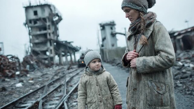 Refugee mother and child walking through the ruins of a destroyed city during a harsh winter