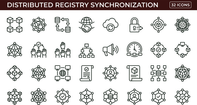 Distributed registry synchronization icon set for cloud infrastructure and decentralized network systems