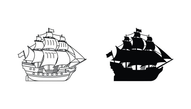 Vintage sailing ship with multiple masts vector icons in outline and solid black silhouette styles for nautical themes