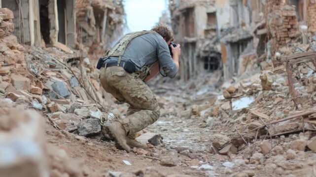 War correspondent crouching among the rubble of a bombed city and taking pictures of the ruins