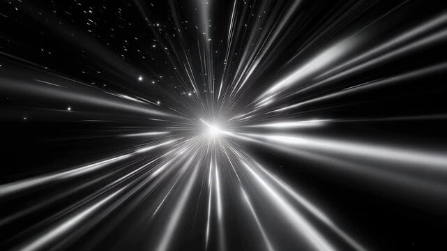 Monochrome hyperspace tunnel with radial white star trails, futuristic sci fi speed motion and cosmic energy concept hyperspace tunnel, monochrome space, radial light, star trails