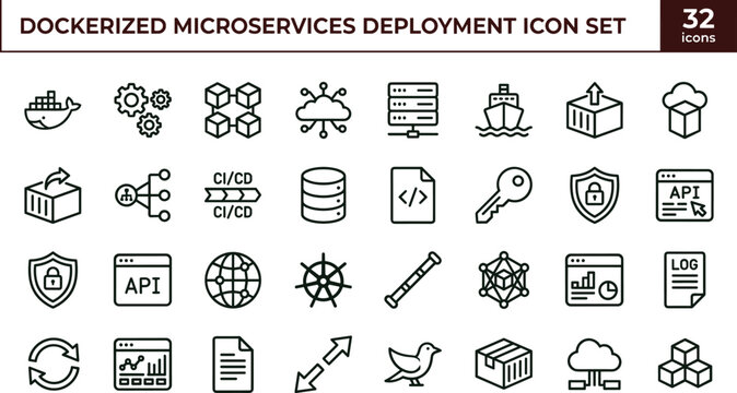 Dockerized microservices deployment icon set for cloud infrastructure automation and container orchestration systems