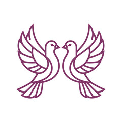 Obraz premium Purple outline illustration of two doves flying together on white background