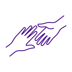 Obraz premium Two purple outline hands reaching towards each other on white background