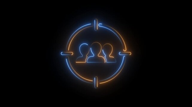 Blue and orange neon target icon with people symbol on dark background.