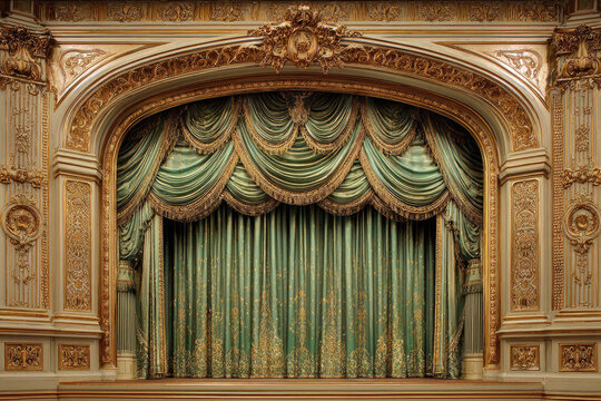 Ornate, gilded proscenium arch with draped teal stage curtains