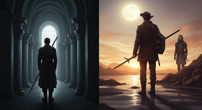 Silhouette of men with swords walking.