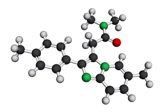 Zolpidem molecule chemical structure, sedative and hypnotic medication for insomnia treatment. Molecular model. 3D rendering