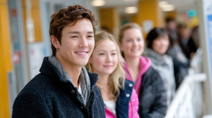Obraz premium Smiling multicultural patients in hospital queue lined corridor for health awareness banner and patient care background