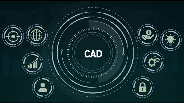 A circular infographic diagram with the word CAD in the center surrounded by icons representing business goals and processes on a dark teal background with a faint world map overlay Keywords