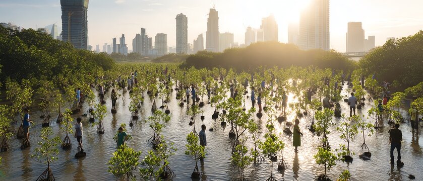 Urban park with people planting new trees.