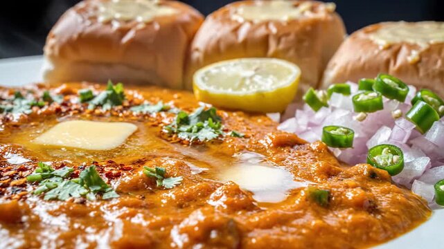 Vibrant pav bhaji served with melting butter and soft buns in a spicy close-up restaurant shot.