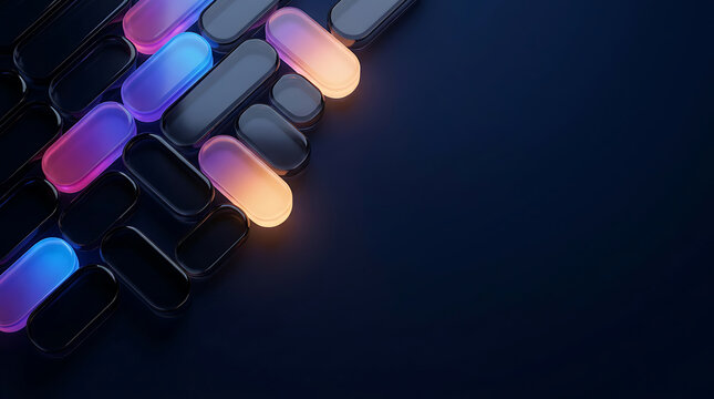 Row of glowing, sleek, futuristic, metallic, dark, gradient, oval buttons