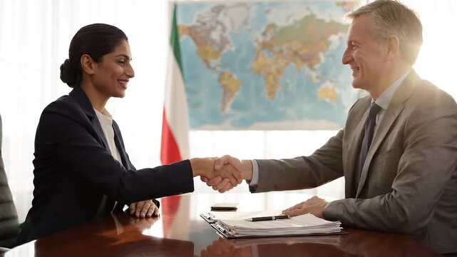 Female diplomat shaking hands with international colleague during global negotiation meeting in conference room