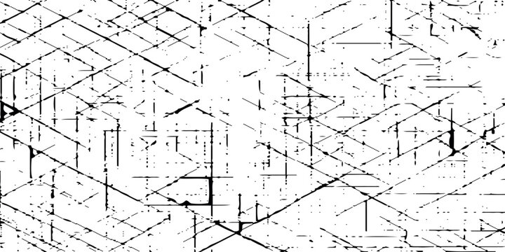 Black grunge texture with intersecting lines and geometric shapes on white background for creative design projects