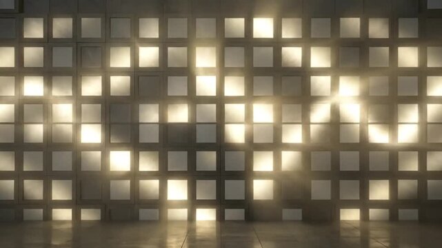 Illuminated wall with many square lights in a dark room setting