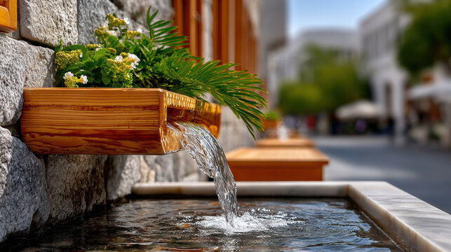 Closeup wooden spout fountain with flowing water on a stone wall in damascus street scene for travel background and poster design