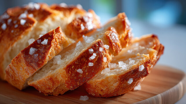 Sliced crusty bread with coarse sea salt on wooden board for bakery background and food styling banner