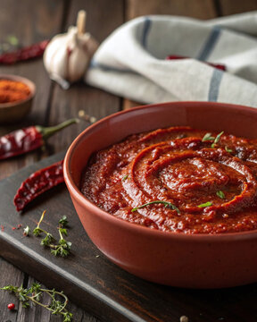 Description:
Spicy harissa sauce in shallow ceramic bowl with chili flakes, roasted pepper fibers, glossy oil swirl and warm rustic lighting