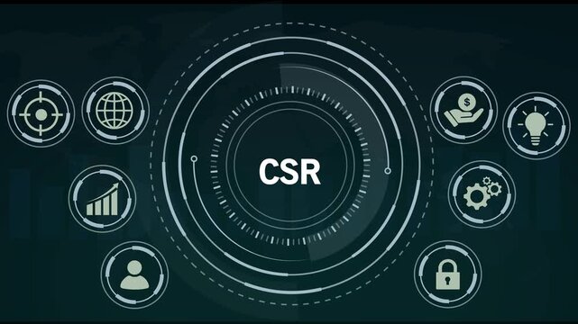 A circular infographic diagram with the acronym CSR in the center surrounded by icons representing business goals and processes on a dark teal background with a faint world map overlay Keywords