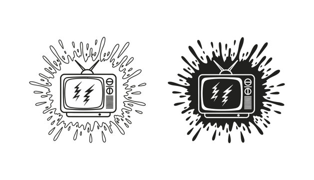 Vintage retro television set with electrical discharge effect icon in outline and solid black silhouette styles for media broadcast entertainment industry and vintage electronics design projects
