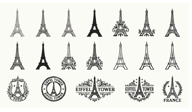 Hand drawn Eiffel Tower sketch vector collection with decorative Paris landmark icon designs