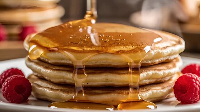 Delicious Stack of Pancakes with Syrup and Raspberries.