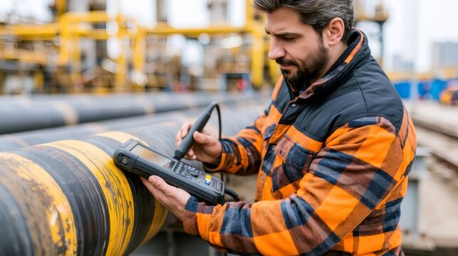 Worker performing pipeline inspection with ultrasonic device