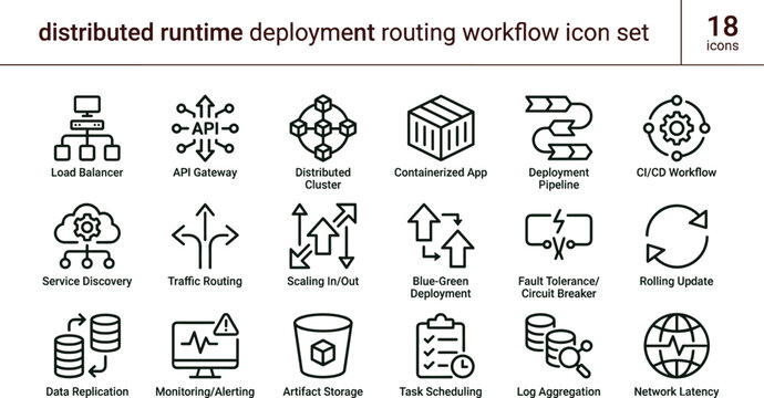 Distributed runtime deployment routing workflow icon set for cloud infrastructure automation and scalable software systems