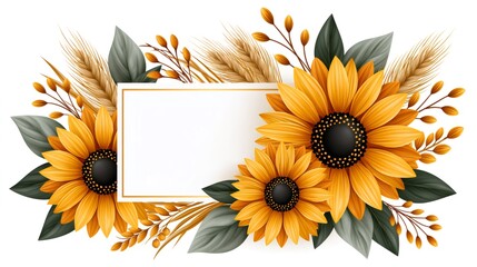 Fototapeta premium Sunflowers and wheat with blank frame for text