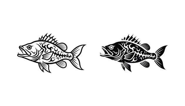 Two stylized predatory fish silhouettes in tribal art style for fishing logo design and aquatic vector graphics