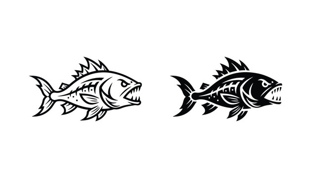 Aggressive predatory fish icons in line art and solid black styles for fishing tournament and outdoor brand logos