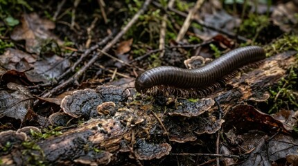 Fototapeta premium Close-up of a millipede crawling on a decaying log in a forest environment.