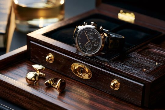 Luxury watch and golden cufflinks in wooden box