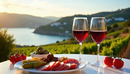 Obraz premium Two wine glasses filled with red wine sit on a table with charcuterie board and olives. Scenic vineyard landscape and ocean bay view at sunset. Perfect for dining, vacation or romantic date.