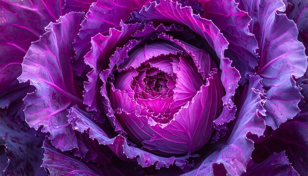 Vibrant Purple Ornamental Cabbage Blooming in Detailed Macro Close Up
