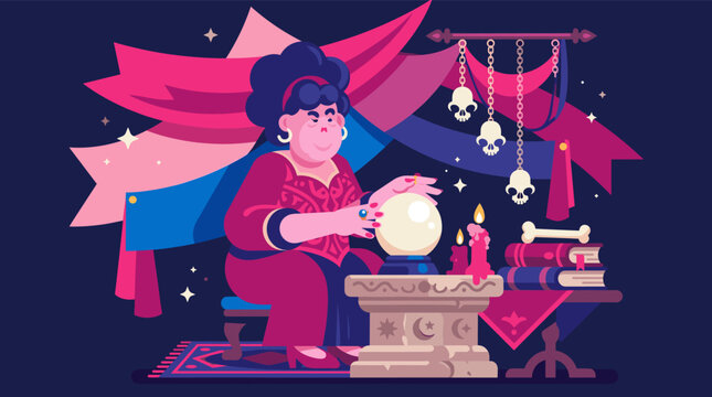 A mysterious fortune teller gazes into a glowing crystal ball inside a dark mystical tent decorated with skulls candles and ancient books