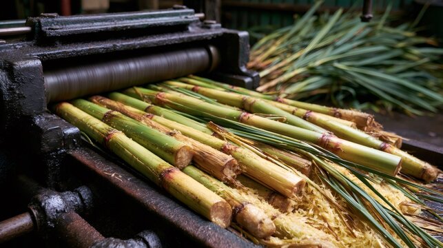 Sugarcane stalks processing on industrial crushing machine