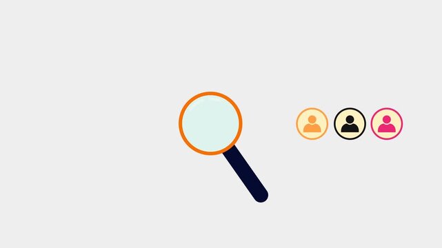 Animation a magnifying glass highlights one person among a diverse group of individuals.