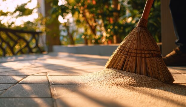 Person sweeping debris from paved outdoor area with broom at sunset