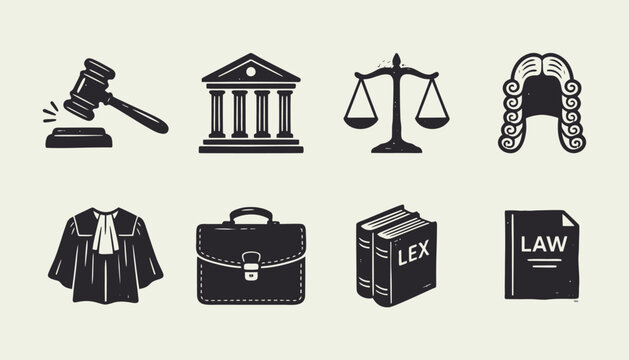 Law and justice icons set featuring gavel scales courthouse judge robe and legal documents