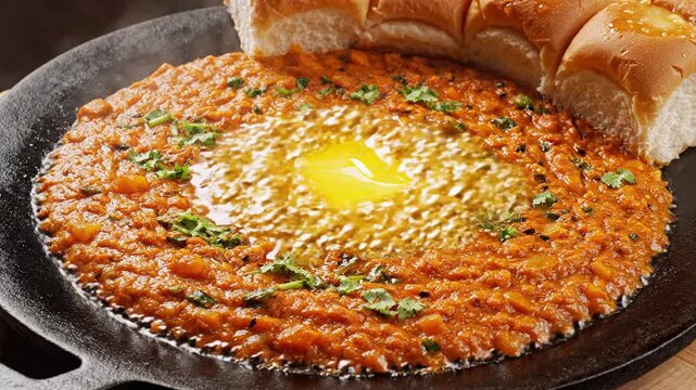 Close-up of spicy indian pav bhaji topped with butter and served with soft buns on a black tawa.