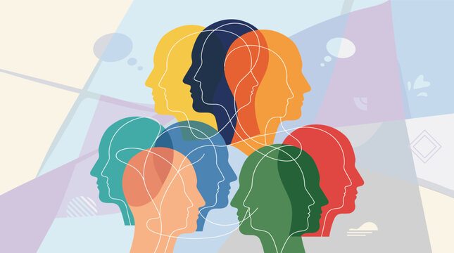 Colorful overlapping human head silhouettes connected by flowing lines represent diverse thinking perspectives and shared group consciousness