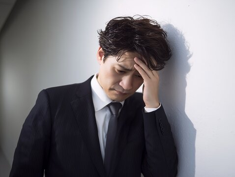壁にもたれ額に手を当てて落ち込むビジネスマンが仕事の悩みを抱える瞬間のイメージ