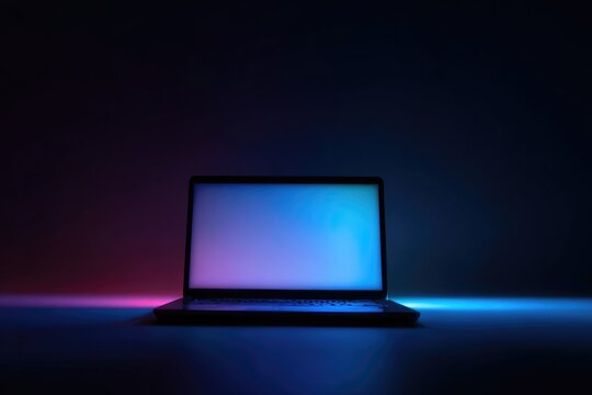 laptop screen glowing in dark room tech atmosphere raw photography 