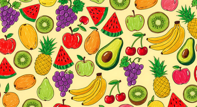 Colorful pattern of various fresh fruits including watermelon pineapple kiwi grapes and more