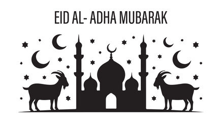 Eid al adha mubarak greeting card with mosque silhouette moon stars and goats in minimalist black white style. © Masudur