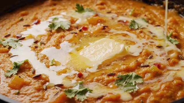 Delicious indian pav bhaji with melting butter and fresh cilantro in a warm macro close-up shot.