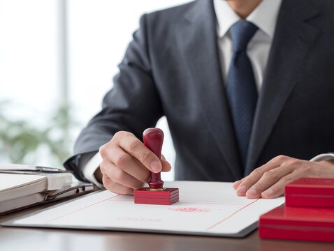 書類に判子を押し正式な決定と契約手続きを進めるデスク上のビジネスシーン